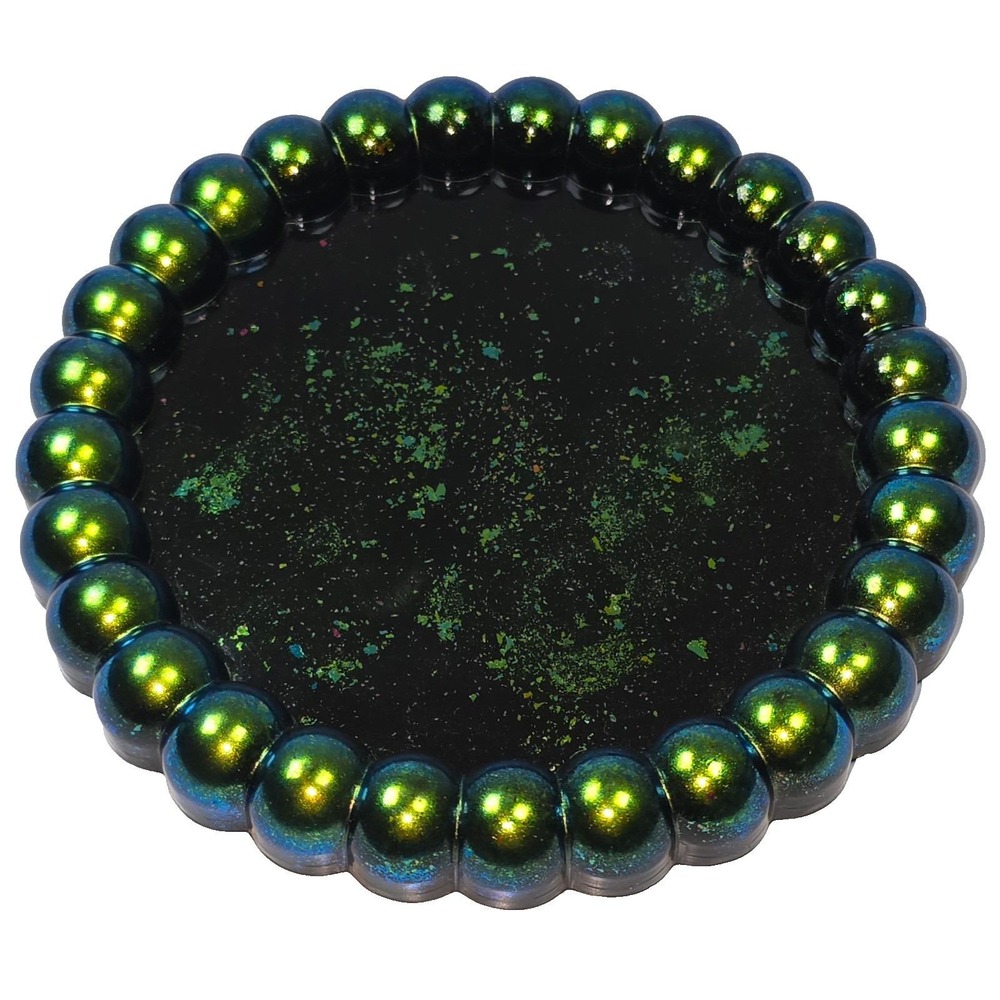 Handmade Resin Trinket Dish 5" Round Color Shifting Green and Black Bubble Rim